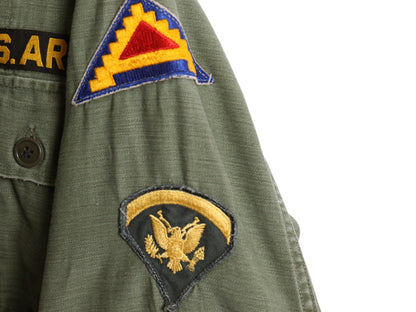 60s 米軍実物 US ARMY コットン サテン ユーティリティ シャツ S 程 / ヴィンテージ OG107 筒袖 1st 後期 ミリタリー 軍物 ワッペン付き 