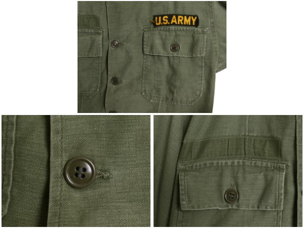 60s 米軍実物 US ARMY コットン サテン ユーティリティ シャツ S 程 / ヴィンテージ OG107 筒袖 1st 後期 ミリタリー 軍物 ワッペン付き 