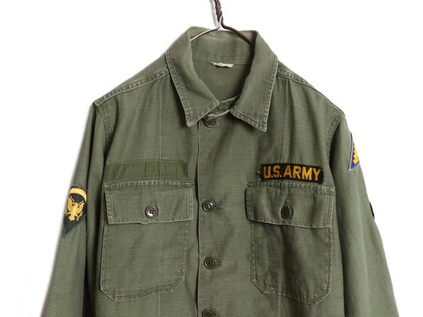 60s 米軍実物 US ARMY コットン サテン ユーティリティ シャツ S 程 / ヴィンテージ OG107 筒袖 1st 後期 ミリタリー 軍物 ワッペン付き 