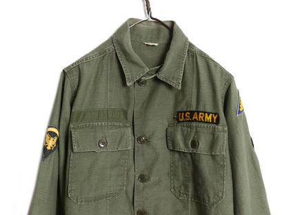 60s 米軍実物 US ARMY コットン サテン ユーティリティ シャツ S 程 / ヴィンテージ OG107 筒袖 1st 後期 ミリタリー 軍物 ワッペン付き 