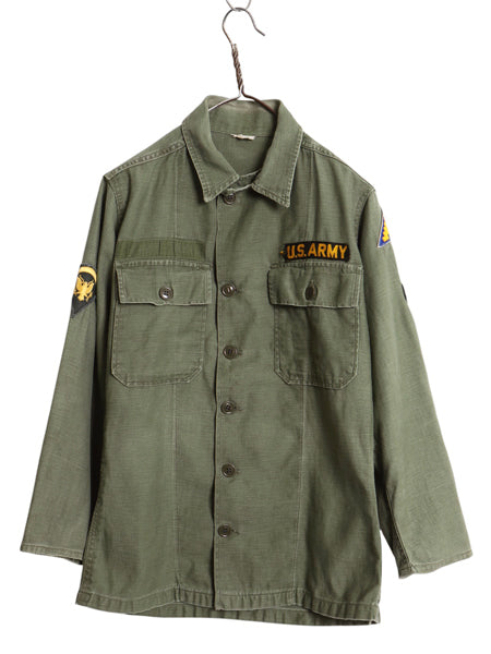 60s 米軍実物 US ARMY コットン サテン ユーティリティ シャツ S 程 / ヴィンテージ OG107 筒袖 1st 後期 ミリタリー 軍物 ワッペン付き 