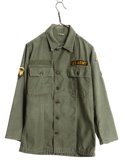 60s 米軍実物 US ARMY コットン サテン ユーティリティ シャツ S 程 / ヴィンテージ OG107 筒袖 1st 後期 ミリタリー 軍物 ワッペン付き 