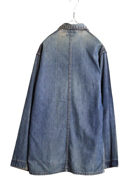 60s 70s ★ ワッペン付き インディゴ デニム カバーオール ジャケット メンズ M 60年代 70年代 ヴィンテージ ワーク ストアブランド 耳付き