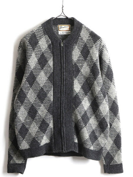 60s Brentwood アーガイル 総柄 フルジップ ウール ニット カーディガン (M)