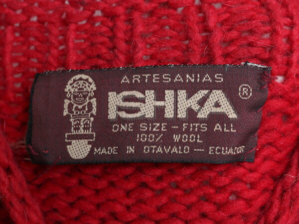手編み エクアドル製 ★ ISHKA ロールネック 両面 花 ウール ハンドニット セーター メンズ レディース XL 程/ ハンドメイド フラワー 花柄