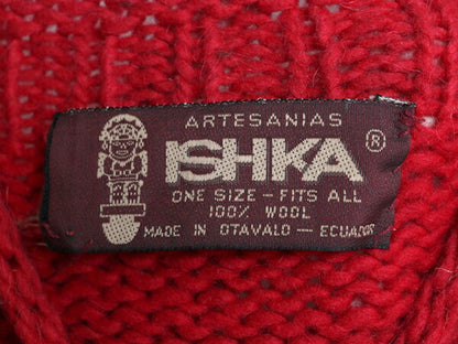 手編み エクアドル製 ★ ISHKA ロールネック 両面 花 ウール ハンドニット セーター メンズ レディース XL 程/ ハンドメイド フラワー 花柄