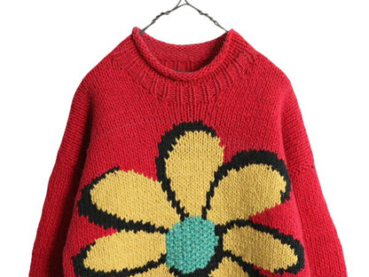 手編み エクアドル製 ★ ISHKA ロールネック 両面 花 ウール ハンドニット セーター メンズ レディース XL 程/ ハンドメイド フラワー 花柄