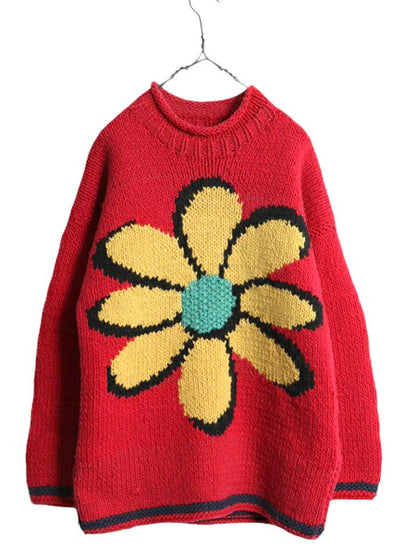 手編み エクアドル製 ★ ISHKA ロールネック 両面 花 ウール ハンドニット セーター メンズ レディース XL 程/ ハンドメイド フラワー 花柄