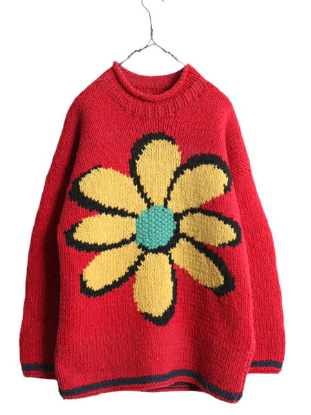 手編み エクアドル製 ★ ISHKA ロールネック 両面 花 ウール ハンドニット セーター メンズ レディース XL 程/ ハンドメイド フラワー 花柄