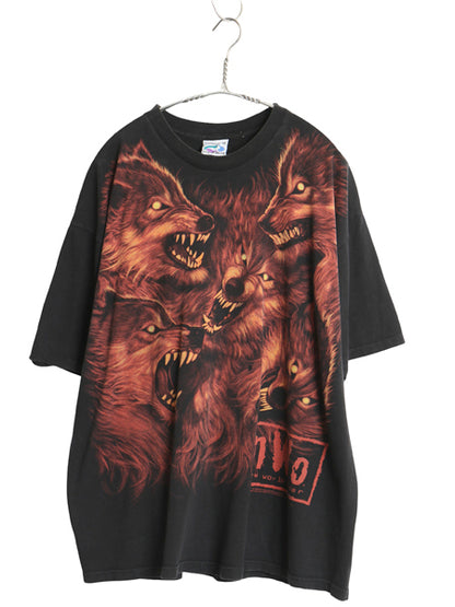 90s USA製 NWO オフィシャル ウルフ イラスト プリント Tシャツ メンズ XL 古着 オールド 当時物 プロレス リキッドブルー 黒 大きいサイズ