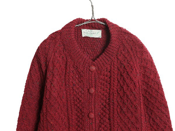 80s アイルランド製 フィッシャーマン ニットカーディガン レディース XL ヴィンテージ ウール セーター ケーブル ローゲージ ハンドメイド