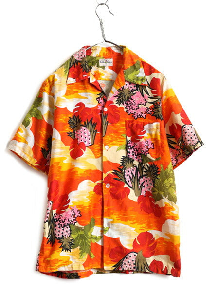 70s ★ Hukilau コットン オープンカラー 半袖 アロハ シャツ ( メンズ M 程) 70年代 ビンテージ ハワイアン 開襟 ボックス ポケット付き
