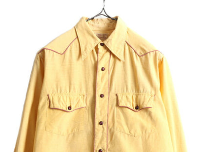 40s ★ MILLER マチ付き サテン 長袖 ウエスタン シャツ メンズ M 程/ 古着 40年代 ヴィンテージ 無地 ポケット付き ナイロン レーヨン 黄