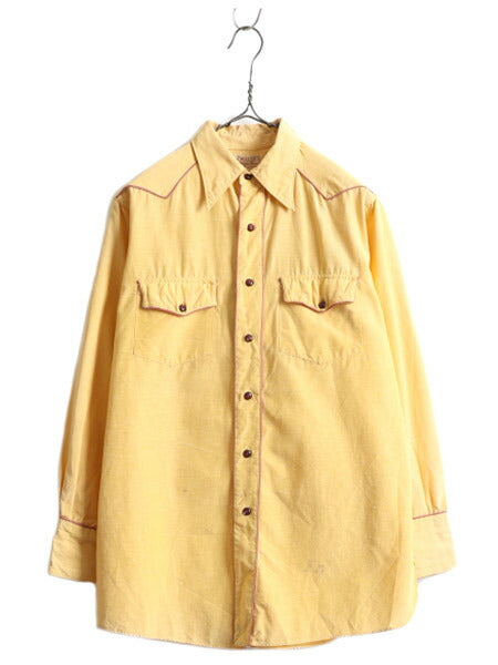 40s ★ MILLER マチ付き サテン 長袖 ウエスタン シャツ メンズ M 程/ 古着 40年代 ヴィンテージ 無地 ポケット付き ナイロン レーヨン 黄