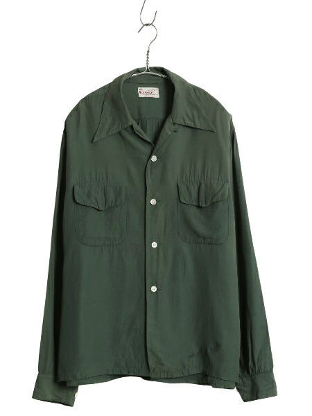 40s ★ レーヨン オープンカラー シャツ メンズ 16 L / 古着 ヴィンテージ ループ留め 開襟 ボックス 長袖シャツ フラップポケット 無地 緑