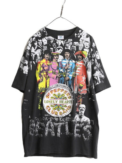 90s USA製 ★ ビートルズ オールオーバー プリント Tシャツ メンズ XL / 90年代 オールド Beatles オフィシャル イラスト バンド ロック 黒