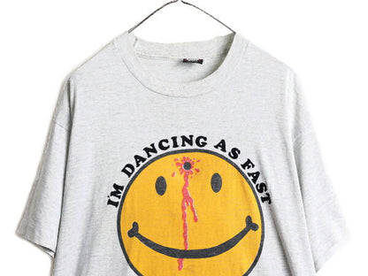 90s ★ ぶち抜き スマイル イラスト プリント Tシャツ メンズ XXL 古着 90年代 オールド 撃ち抜き アート ニコちゃん 大きいサイズ 2XL 灰