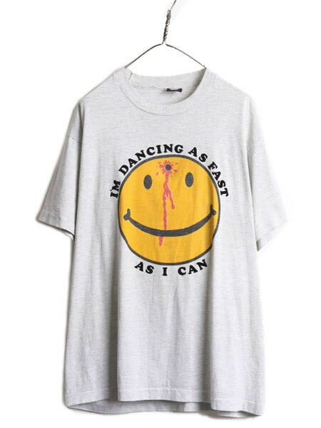 90s ★ ぶち抜き スマイル イラスト プリント Tシャツ メンズ XXL 古着 90年代 オールド 撃ち抜き アート ニコちゃん 大きいサイズ 2XL 灰