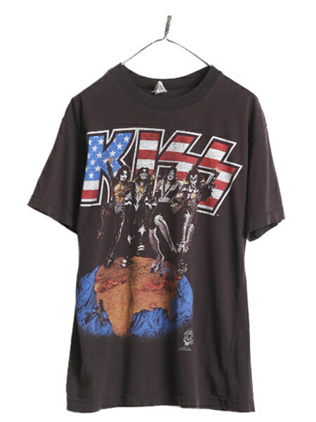 90s ★ キッス ツアー イラスト プリント Tシャツ メンズ L 黒 90年代 オールド KISS 当時物 オフィシャル バンド ロック メタル ブラック