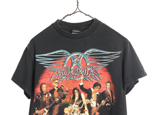 00s ★ エアロスミス プリント Tシャツ メンズ S 黒 古着 00年代 オールド AEROSMITH イラスト ロゴ バンド ロック ブラック オフィシャル