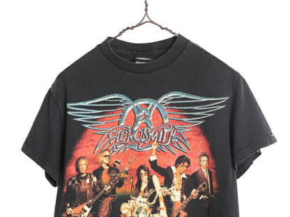 00s ★ エアロスミス プリント Tシャツ メンズ S 黒 古着 00年代 オールド AEROSMITH イラスト ロゴ バンド ロック ブラック オフィシャル