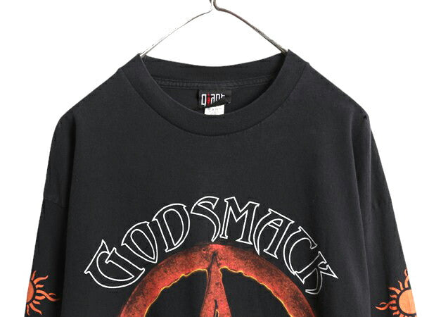 90s ★ ゴッドスマック 4面 プリント 長袖 Tシャツ メンズ L 程/ 古着 当時物 ロンT バンド ロック メタル ファイヤー 袖プリント 黒 GIANT