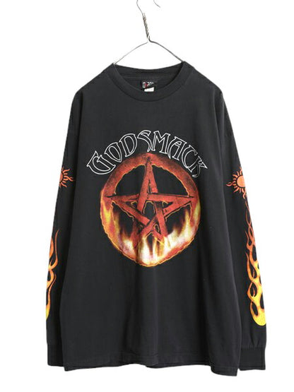 90s ★ ゴッドスマック 4面 プリント 長袖 Tシャツ メンズ L 程/ 古着 当時物 ロンT バンド ロック メタル ファイヤー 袖プリント 黒 GIANT