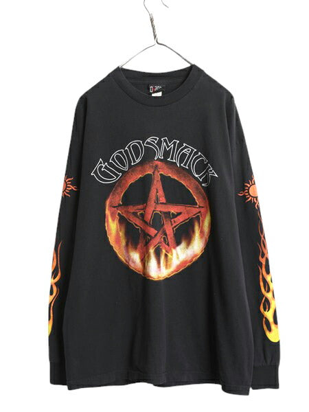 90s ★ ゴッドスマック 4面 プリント 長袖 Tシャツ メンズ L 程/ 古着 当時物 ロンT バンド ロック メタル ファイヤー 袖プリント 黒 GIANT