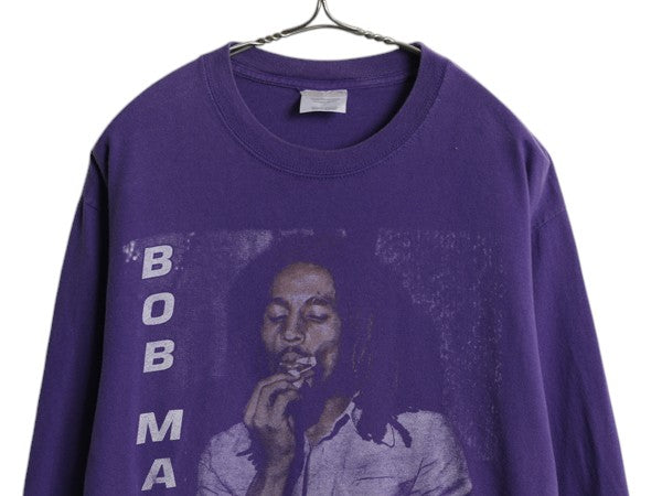 00s ★ ボブ マーリー フォト イラスト プリント 長袖 Tシャツ メンズ M 古着 ロンT レゲエ バンド ジャマイカ ラスタ マリファナ ガンジャ