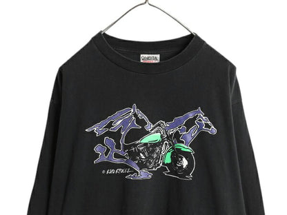 90s USA製 ★ スタージス ハーレー ダビットソン イラスト プリント 長袖 Tシャツ メンズ L 古着 STURGIS バイクロンT シングルステッチ 黒
