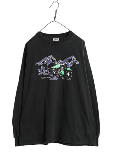 90s USA製 ★ スタージス ハーレー ダビットソン イラスト プリント 長袖 Tシャツ メンズ L 古着 STURGIS バイクロンT シングルステッチ 黒