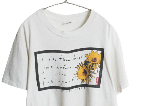 90s USA製 ★ リーバイス ひまわり アート イラスト プリント Tシャツ メンズ M 程/ オールド メッセージ アヴェドン シングルステッチ 白