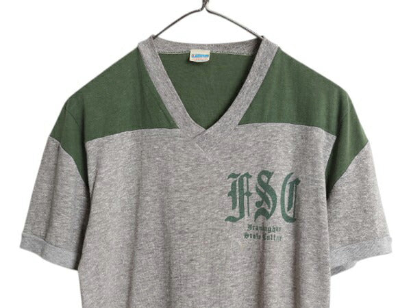 70s USA製 ★ チャンピオン 3段 染込み カレッジ プリント Tシャツ メンズ M / 古着 ヴィンテージ バータグ Vネック 霜降り 灰 緑 ツートン