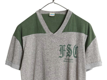 70s USA製 ★ チャンピオン 3段 染込み カレッジ プリント Tシャツ メンズ M / 古着 ヴィンテージ バータグ Vネック 霜降り 灰 緑 ツートン