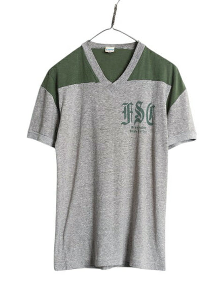 70s USA製 ★ チャンピオン 3段 染込み カレッジ プリント Tシャツ メンズ M / 古着 ヴィンテージ バータグ Vネック 霜降り 灰 緑 ツートン
