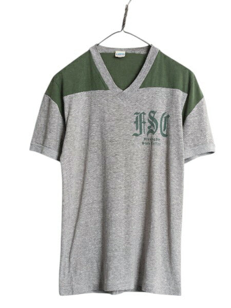 70s USA製 ★ チャンピオン 3段 染込み カレッジ プリント Tシャツ メンズ M / 古着 ヴィンテージ バータグ Vネック 霜降り 灰 緑 ツートン