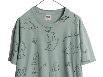 90s USA製 ★ ジェームズ サーバー ドッグ アート イラスト プリント Tシャツ メンズ L オールド アニマル 犬 コミック グラフィック 総柄