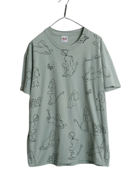 90s USA製 ★ ジェームズ サーバー ドッグ アート イラスト プリント Tシャツ メンズ L オールド アニマル 犬 コミック グラフィック 総柄