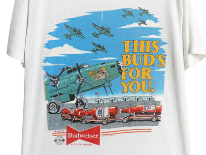 80s USA製 ★ バドワイザー 戦闘機 イラスト プリント Tシャツ メンズ L 小さめ M 程/ ヴィンテージ ビール 企業物 当時物 ミリタリー 白
