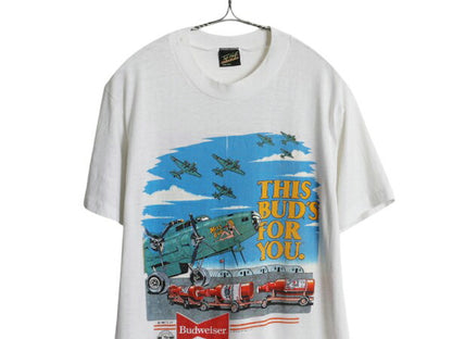 80s USA製 ★ バドワイザー 戦闘機 イラスト プリント Tシャツ メンズ L 小さめ M 程/ ヴィンテージ ビール 企業物 当時物 ミリタリー 白