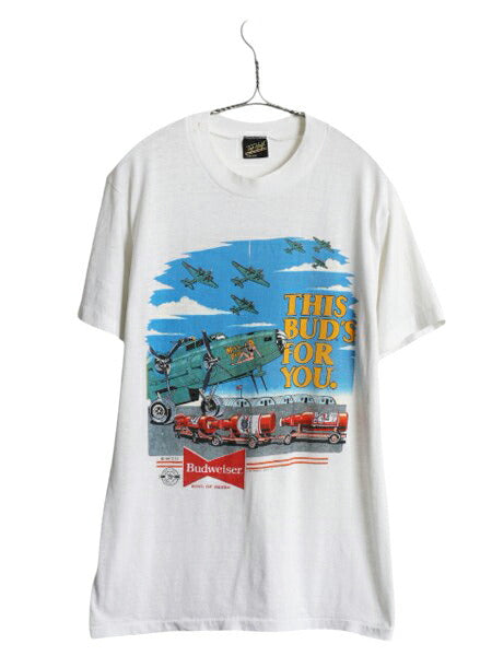 80s USA製 ★ バドワイザー 戦闘機 イラスト プリント Tシャツ メンズ L 小さめ M 程/ ヴィンテージ ビール 企業物 当時物 ミリタリー 白