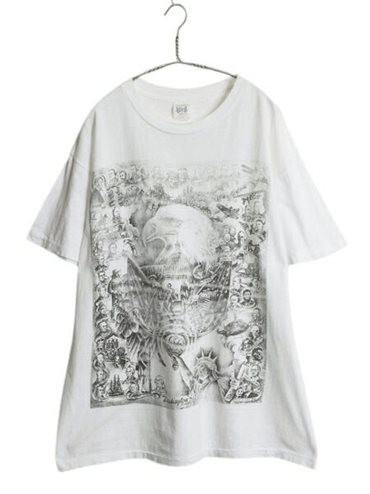 90s ★ イーグル x 大統領 アート イラスト プリント Tシャツ メンズ XL～ / 古着 オールド 偉人 アニマル グラフィック シングルステッチ 白