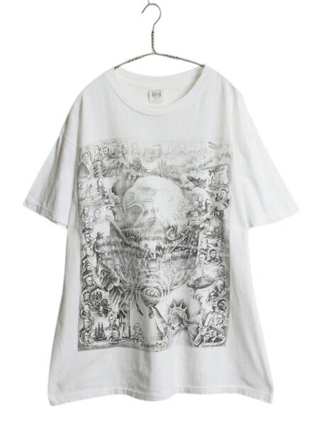 90s ★ イーグル x 大統領 アート イラスト プリント Tシャツ メンズ XL～ / 古着 オールド 偉人 アニマル グラフィック シングルステッチ 白