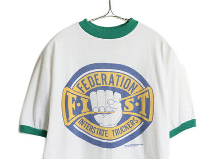 70s ★ FIST ロゴ 染込み プリント リンガー Tシャツ メンズ S / ヴィンテージ スタローン オフィシャル ムービー 当時物 シングルステッチ