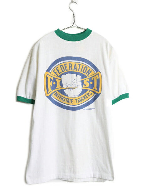70s ★ FIST ロゴ 染込み プリント リンガー Tシャツ メンズ S / ヴィンテージ スタローン オフィシャル ムービー 当時物 シングルステッチ