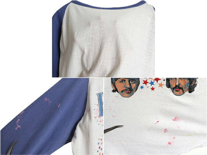 70s パキ綿 ★ ビートルズ イラスト プリント ラグラン Tシャツ メンズ S 程 古着 ヴィンテージ 当時物 ベースボール バンド ロック 七分袖