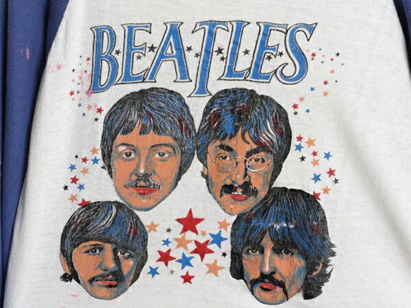 70s パキ綿 ★ ビートルズ イラスト プリント ラグラン Tシャツ メンズ S 程 古着 ヴィンテージ 当時物 ベースボール バンド ロック 七分袖