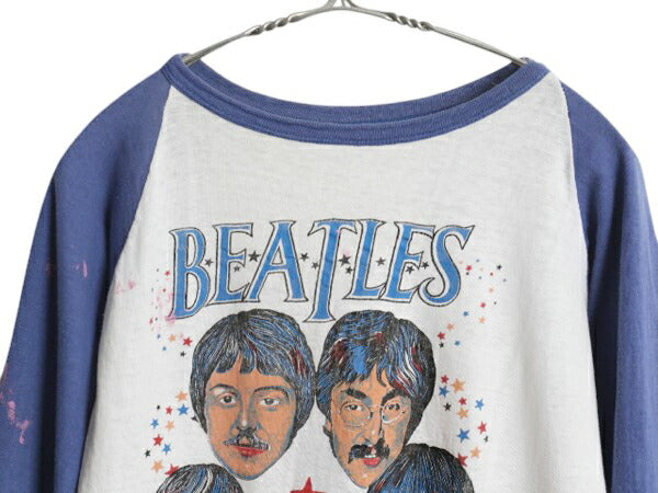 70s パキ綿 ★ ビートルズ イラスト プリント ラグラン Tシャツ メンズ S 程 古着 ヴィンテージ 当時物 ベースボール バンド ロック 七分袖