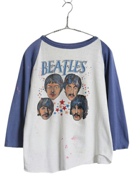 70s パキ綿 ★ ビートルズ イラスト プリント ラグラン Tシャツ メンズ S 程 古着 ヴィンテージ 当時物 ベースボール バンド ロック 七分袖