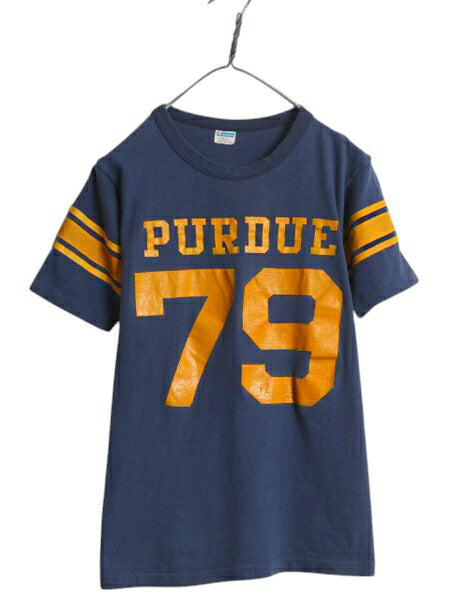 70s USA製 ★ チャンピオン 両面 プリント フットボール Tシャツ メンズ S 古着 ヴィンテージ バータグ ナンバリング シングルステッチ 紺
